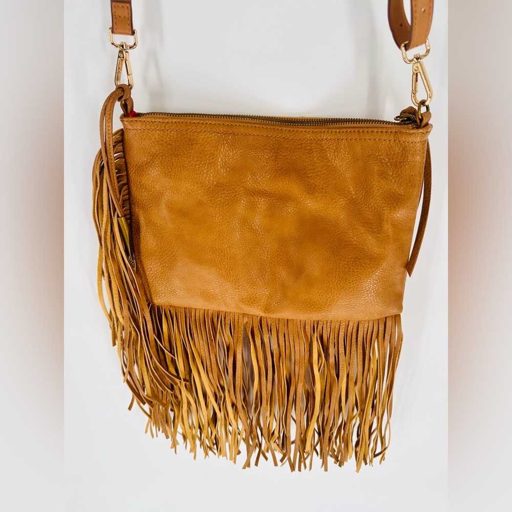 Carlos Santana Crossbody Bag Fringe Tan Brown Purse W/ Chain Strap New